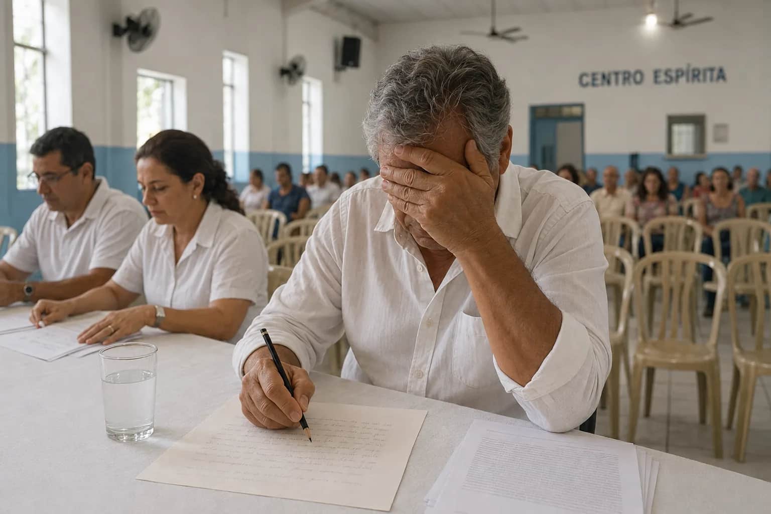 Cena ilustrativa de um médium escrevendo uma carta, com a mão sobre os olhos, em um centro espírita.