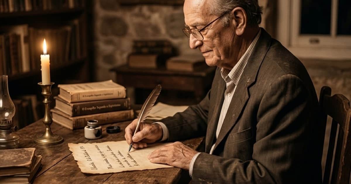 Pessoa escrevendo uma carta psicografada online em um ambiente acolhedor com luz natural
