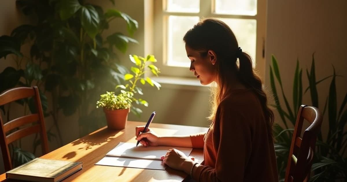 Pessoa escrevendo uma carta psicografada online em um ambiente acolhedor com luz natural