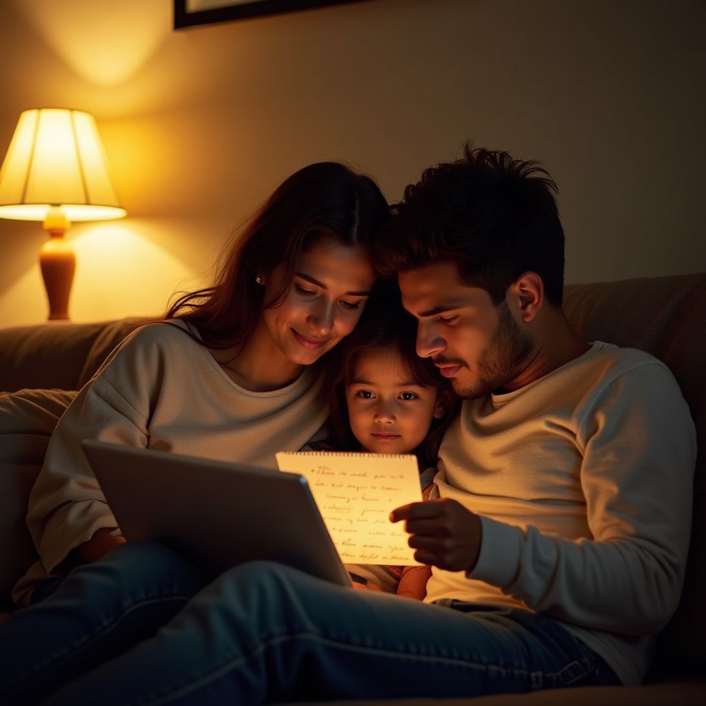 Família brasileira abraçada segurando carta psicografada no sofá da sala
