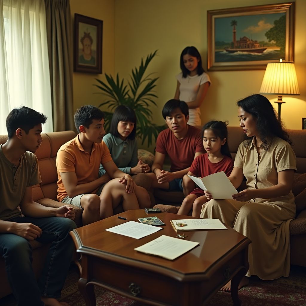 Família brasileira em sala de estar dos anos 1970 acompanha leitura de carta psicografada