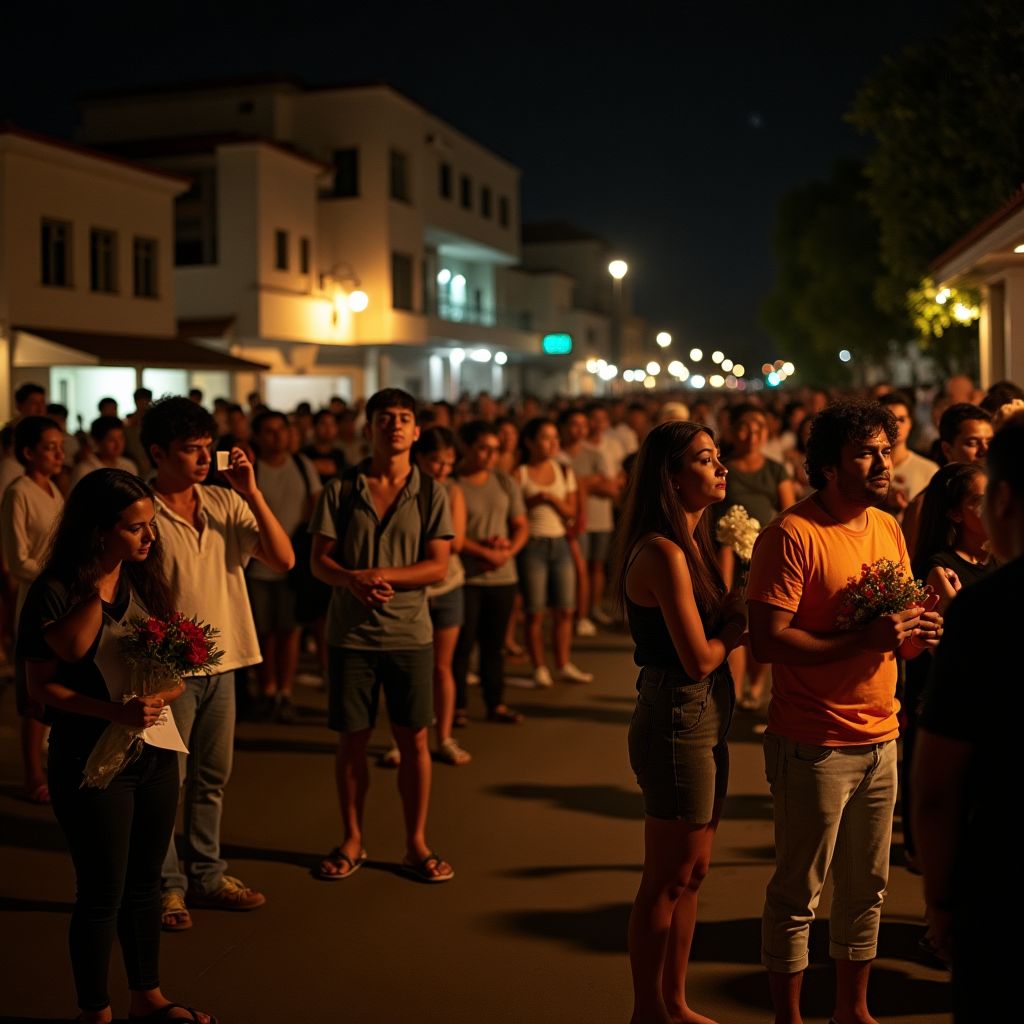 Fila de devotos aguardando sessão mediúnica em centro espírita à noite